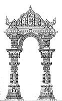 Artistic rendition of the Kirtistambh at Rudra Mahalaya Temple. The temple was destroyed by Alauddin Khalji.[259]
