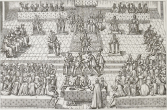 Picture of the estates general in session, with clergy left, nobility centre and commons right