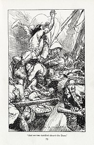 The Knights of the Joyous Venture, Plate 1 at Puck of Pook's Hill, by H. R. Millar (restored by Adam Cuerden)