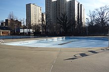 The smaller wading pool of Hamilton Fish Park as seen in the winter
