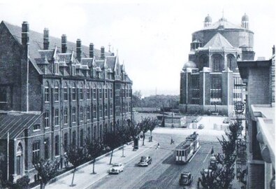 Rear view of the basilica and the Collège du Sacré-Cœur of Ganshoren, c. 1956