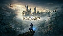 Front cover of the video game Hogwarts Legacy showing a single figure facing away from you towards Hogwarts castle.