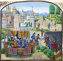 A detailed medieval painting showing a group of wealthy men in a wooden boat on the near left, apparently arriving or leaving a large number of armed soldiers on the right. In the background is a large city on the left, and an open area of ground on the right.