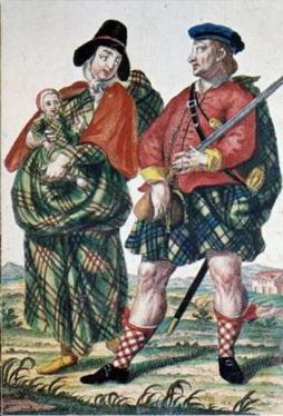 Highland soldier's family, 1754; the woman wears a belted arisaid, apparently bloused and pinned on one shoulder, and she also appears to have tailored sleeves.
