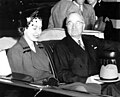 President Harry S. Truman and Princess Elizabeth, Duchess of Edinburgh in the presidential limousine en route to Blair House in Washington, 1951