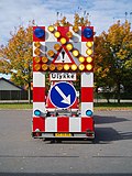 A portable multipurpose traffic warning array in Denmark, displaying Ulykke ("accident") and "keep right".