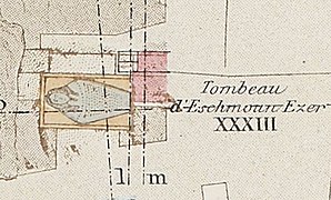 Closeup of Charles Gaillardot's map of the Royal necropolis of Sidon showing Tomb of Eshmunazar II