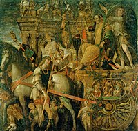 Julius Caesar in his truiumphal car, in one of the nine scenes of the Triumphs of Caesar by Andrea Mantegna (by 1492)