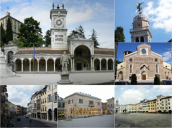 Top: San Giovanni Clock Tower and Liberta Square; Angel monument at Udine Santa Maria Church; and Udine Cathedral (left to lower right); bottom: Via Mercatovecchio [it]; Loggia del Lionello; and Matteotti Square [it] (left to right)