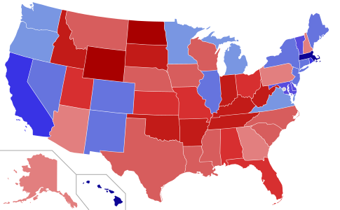 Upper house seats by party holding majority in each state Republican   50–60%   60–70%   70–80%   80–90%   90–100% Democratic   50–60%   60–70%   70–80%   80–90%   90–100%