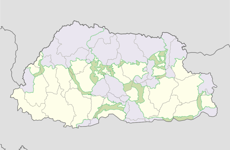 Protected areas in Lhuntse District: parks (lavender) and corridors (green).[16]