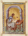 Luke, Byzantine, 10th century, British Library. The side-table with writing materials is much more typical of the Orthodox world.