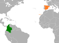 Map indicating locations of Colombia and Spain