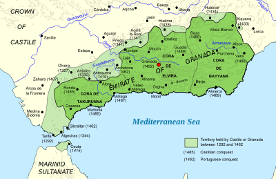 Colored map of the southern part of Spain annotated with borders and various cities.