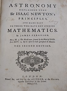 Title page of a 1757 copy of Ferguson's "Astronomy Explained upon Sir Isaac Newton's Principles and Made Easy for Those Who Have Not Studied Mathematics"