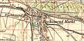 Fischamend um 1937, eingezeichnet: Die bereits lange aufgelassenen Bahnstationen Fischamend-Dorf, Reichsstraße und „Schwarze Bahn“.