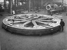 Flywheel for a large rolling mill engine 1900; the heavy rim is cast in four sections bolted together at the rim. Top right, the trunk guide and bedplate of the engine under manufacture, beyond the bedplate is the flywheel and connecting rod of a small horizontal steam engine.[72][112]