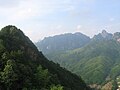 China's Jiuhuashan (mountains): a view of multiple peaks, seen from Dizang Dian (temple).