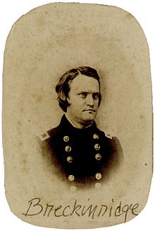 Black and white oval portrait of Breckinridge in blue U.S. Army uniform, young man in his 20s, dark hair