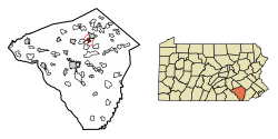 Location of Akron in Lancaster County, Pennsylvania (left) and of Lancaster County in Pennsylvania (right)