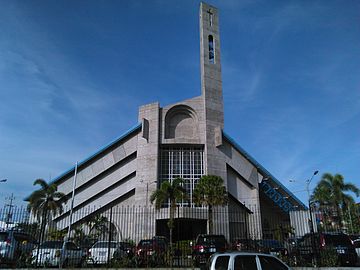 The cathedral. Its bell tower is the tallest building in the city.