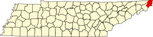 Map of Tennessee highlighting Johnson County
