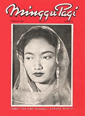 Scan of Minggu Pagi's cover depicting Lies Noor in the center, a thin translucent veil framing her face