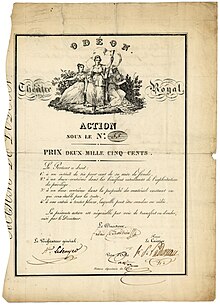 Aktie des Odéon Théatre Royal, ausgegeben am 27. April 1827, unterschrieben im Original von dem Dramatiker Frédéric du Petit-Méré als Direktor (ab Februar 1826 bis zu seinem Tode am 4. Juli 1827)