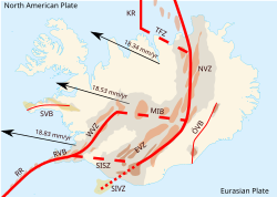Fig 1. This figure shows the locations of the major deformation zones in Iceland and the vectors of the North American Plate movement relative to the Eurasian Plate. Legend: RR, Reykjanes Ridge; RVB, Reykjanes volcanic belt; WVZ, West volcanic zone; MIB, Mid-Iceland belt; SISZ, South Iceland seismic zone; EVZ, East volcanic zone; ; SIVZ, South Iceland volcanic zone; NVZ, North volcanic zone; TFZ, Tjörnes fracture zone; KR, Kolbeinsey Ridge; ÖVB, Öræfajökul volcanic belt; SVB, Snæfellsnes volcanic belt. The legend for the basalt regions is the same as below.