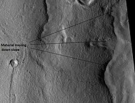 Material moving down slope in Phlegra Montes, as seen by HiRISE. Movement is probably aided by water/ice.