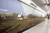 Sheppard-Yonge, Toronto: „Immersion Land“ (Ausschnitt, 2002); Wandmosaik aus 1,5 Millionen keramischen Bildpunkten mit Landschaften des südlichen Ontario Künstler: Stacey Spiegel[203]