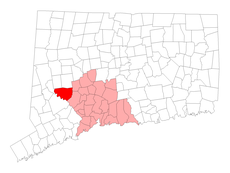 Southbury's location within New Haven County and Connecticut