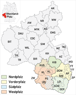 Map of the modern State of Rhineland-Palatinate with the Palatinate region highlighted and further subdivided into its sub-regions: North Palatinate (green), Anterior Palatinate (yellow), South Palatinate (blue) and West Palatinate (red)