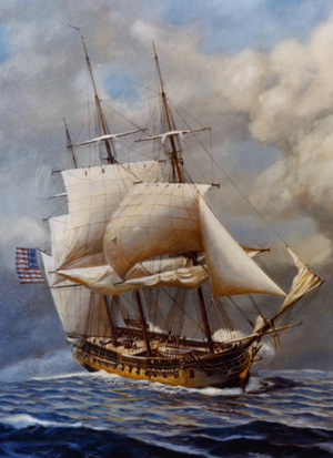 A painting of a sailing ship at sea. The ship has two masts and the sails are reefed while firing upon with another ship. The ship is sailing toward lower right hand corner of the frame.