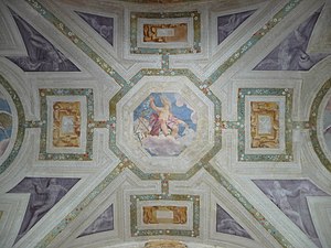 The atrium ceiling fresco, with the allegory of Fortuna attributed to Giovanni Battista Zelotti