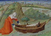 Moses being "exposed", very much in an "ark", 15th-century miniature