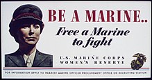 A photograph of a woman marine pictured on a U.S. Marine Corps recruiting poster during the Second World War