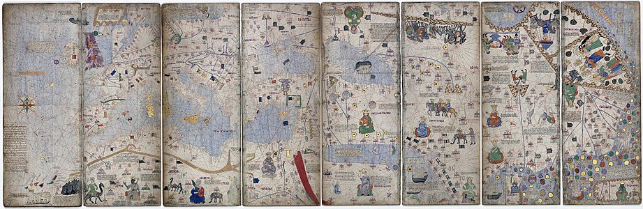 Montage von acht Seiten (drittes bis sechstes Blatt) des ursprünglichen Katalanischen Weltatlas von 1375