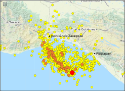 Map of aftershocks as of 13 September Red marks earthquakes over Mw  8.0 and orange over Mw  5.0.