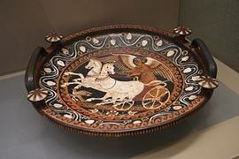 The goddess Nike riding on a two-horse chariot, Apulian patera (tray), 4th century BC, Archaeological Museum of Milan