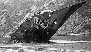 The German destroyer Z11 Bernd von Arnim, beached and scuttled at Rombaken during the Second Naval Battle of Narvik during World War II.