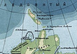Partly surveyed Emperor Nicholas II Land in a 1915 map of the Russian Empire. At the time it was believed that the archipelago formed a single landmass.