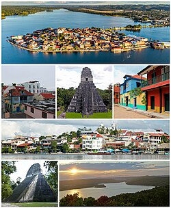 From top to left: View of the island, City neighborhood, Tikal I Temple, City street, Island from Lake Petén, Tikal V Temple, Sunset.