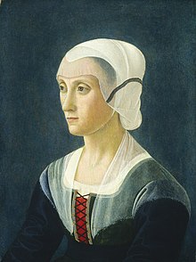 Portrait of Lucrezia Tornabuoni by Domenico Ghirlandaio, c. 1475, wearing a simple black dress and a white Wimple, at the National Gallery of Art in Washington, D.C.