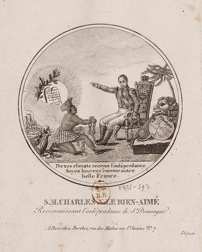 Engraving titledː "His Majesty, Charles X, The Beloved, recognizing the Independence of Saint-Domingue