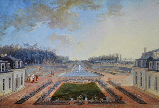 View of the parterre of the cour d'honneur, the pièce d'eau, and the garden cascade taken from the terrace above the south portico (painted c. 1770 by Nicolas Perignon)