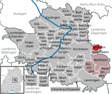 Map showing the location of Ohmden within the German state of Baden-Württemberg