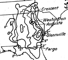 Contour map of rainfall totals in the Southeastern United States