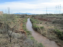 A view of the Santa Cruz south of Tucson, facing south. The Santa Rita Mountains are in the background.