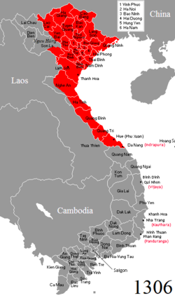 The territory of Đại Việt in 1306 after the marriage of Vietnamese princess Huyền Trân and Cham king Jaya Simhavarman III. The province of O (Cham: Vuyar) and Ly (Cham: Ulik) was ceded to Đại Việt as dowry.